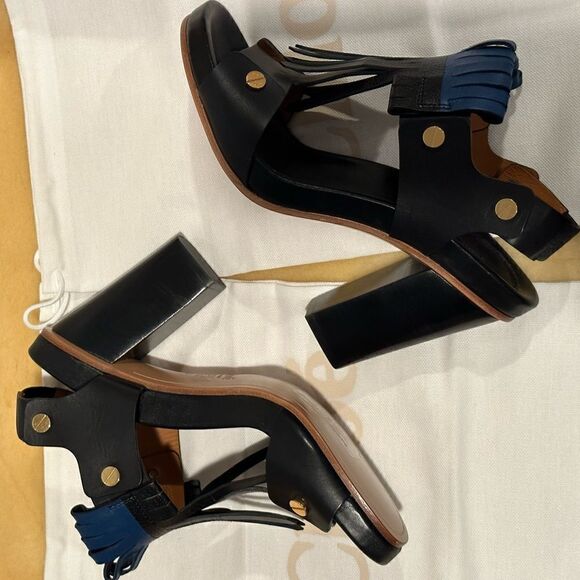 Chloe Black Leather Fringes Block Heel Sandals Size 38 - Picture 8 of 13